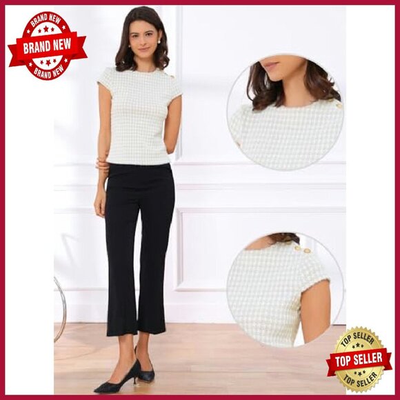 Cap Sleeve Knit Top Crew Neck Houndstooth Tweed Office Wear - Picture 3 of 6